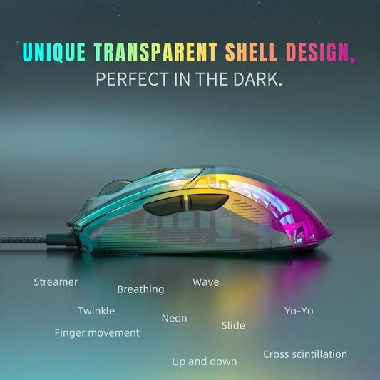 HXSJ New USB Wired Transparent Game Mouse 12800DPI Adjustable Plug and Play RGB Light for E-sports Home Office Optical Mouse