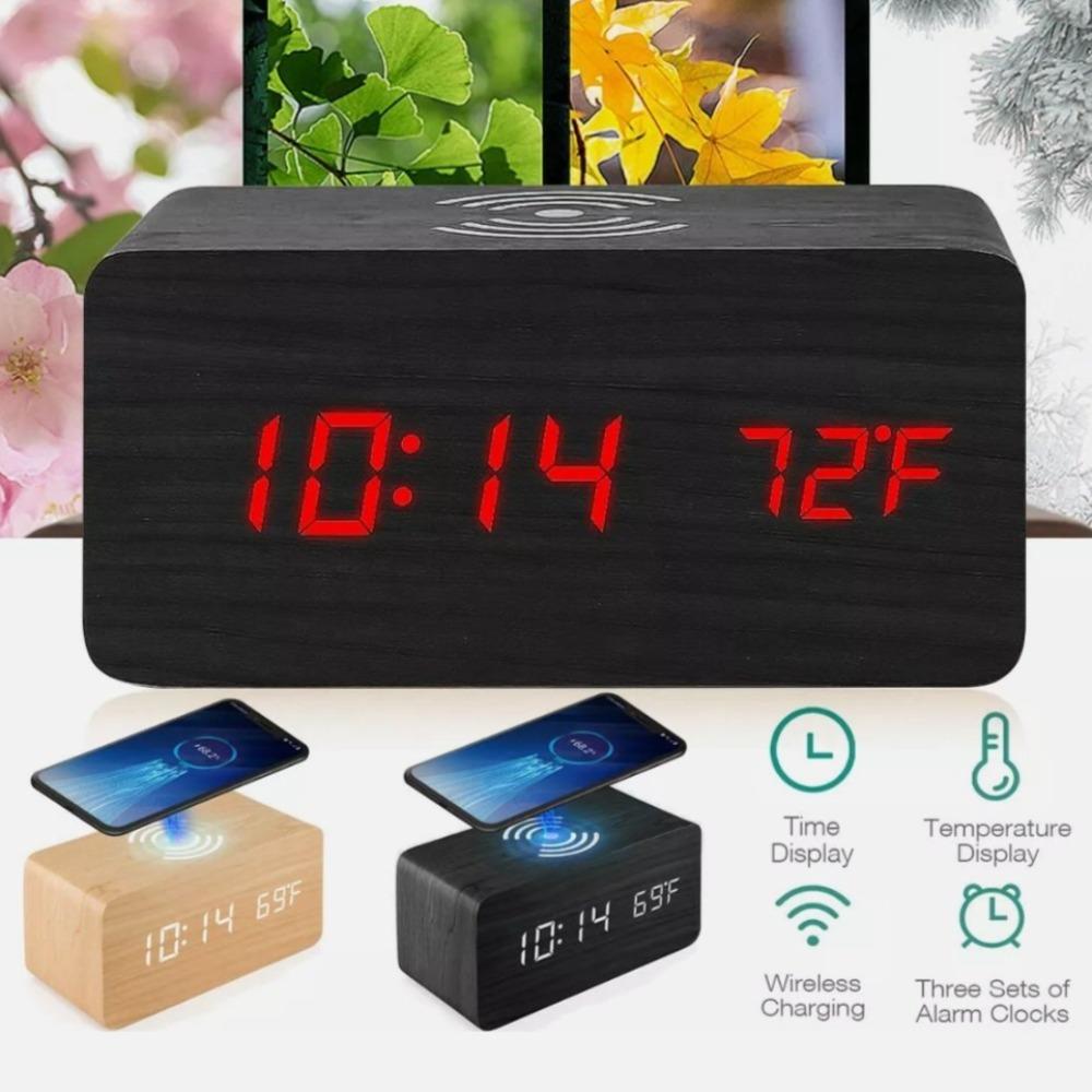 Wooden Digital Alarm Clock with Wireless Phone Charging Pad - Remarkable Finds