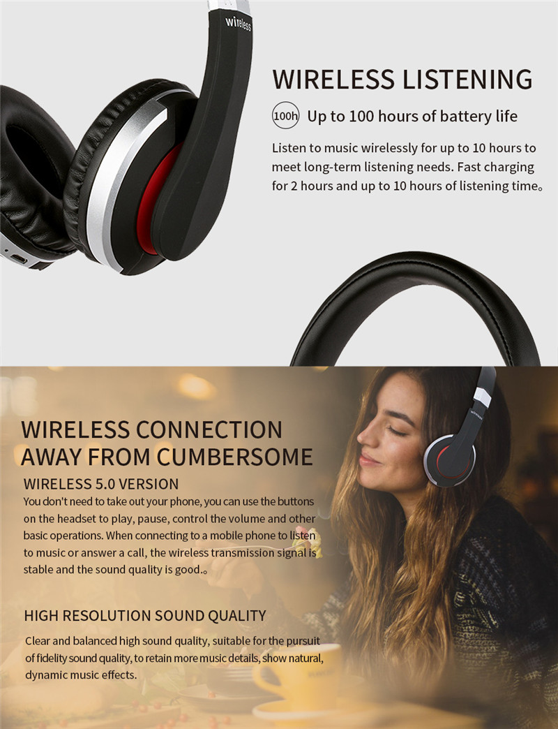 Stereo Earphones Music Headset Wireless Bluetooth Headphones with Mic