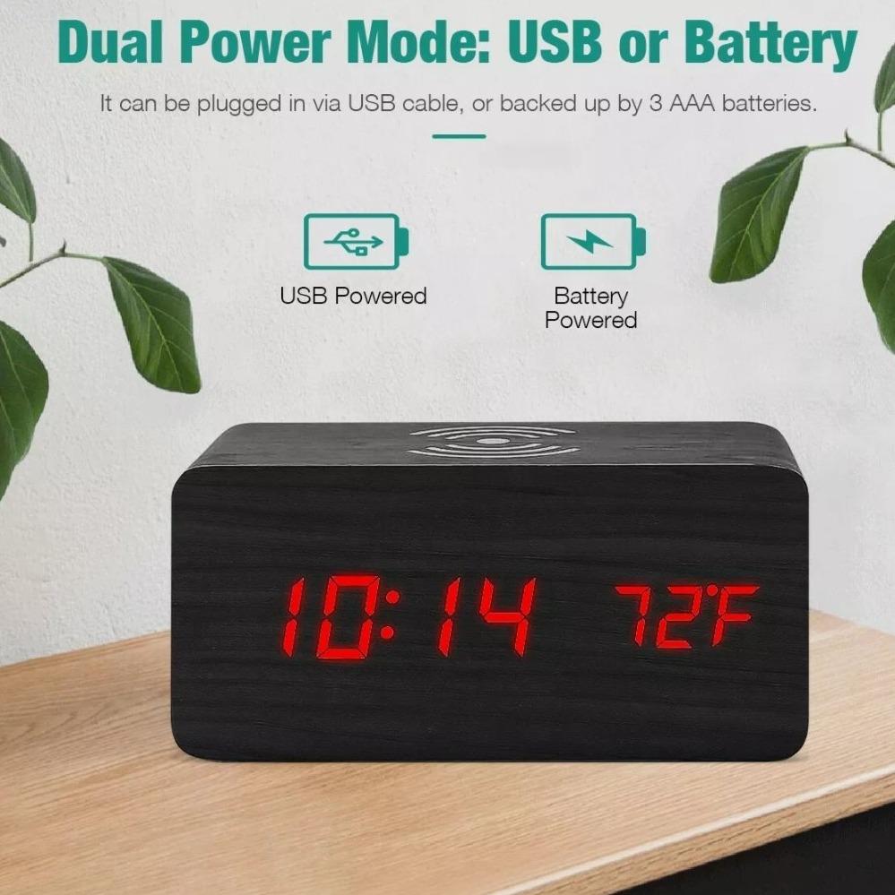 Wooden Digital Alarm Clock with Wireless Phone Charging Pad - Remarkable Finds