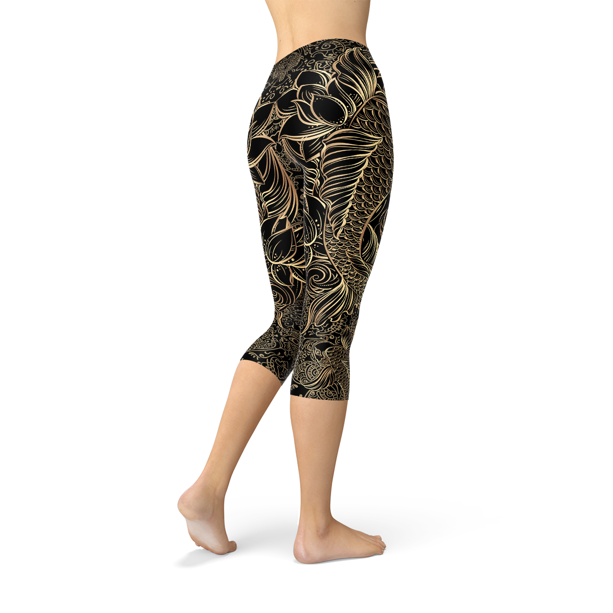 Womens Koi Fish Black Capri Leggings