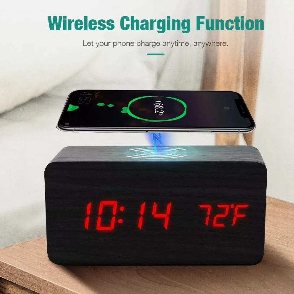 Wooden Digital Alarm Clock with Wireless Phone Charging Pad - Remarkable Finds