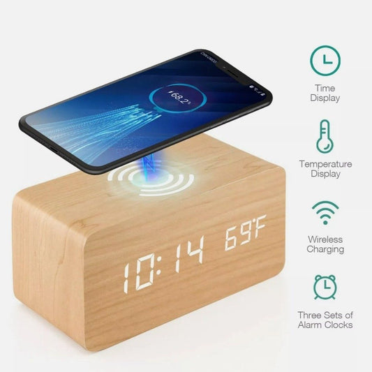 Wooden Digital Alarm Clock with Wireless Phone Charging Pad - Remarkable Finds