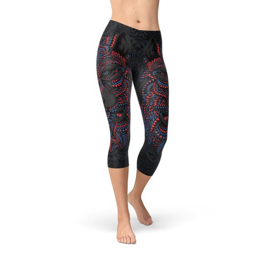 Womens Oriental Black Wolf Capri Leggings