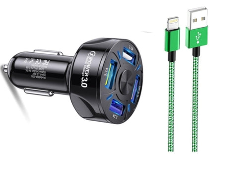 4-Port Quick Charge Car Charger & Durable 6FT iPhone Cable