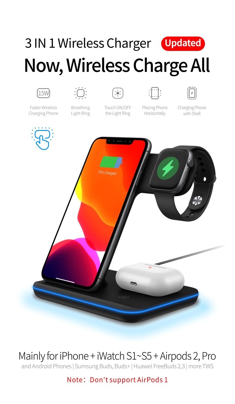 Ninja 15W 3 in 1 Fast Wireless Charging Station for Mobile Phones - Remarkable Finds