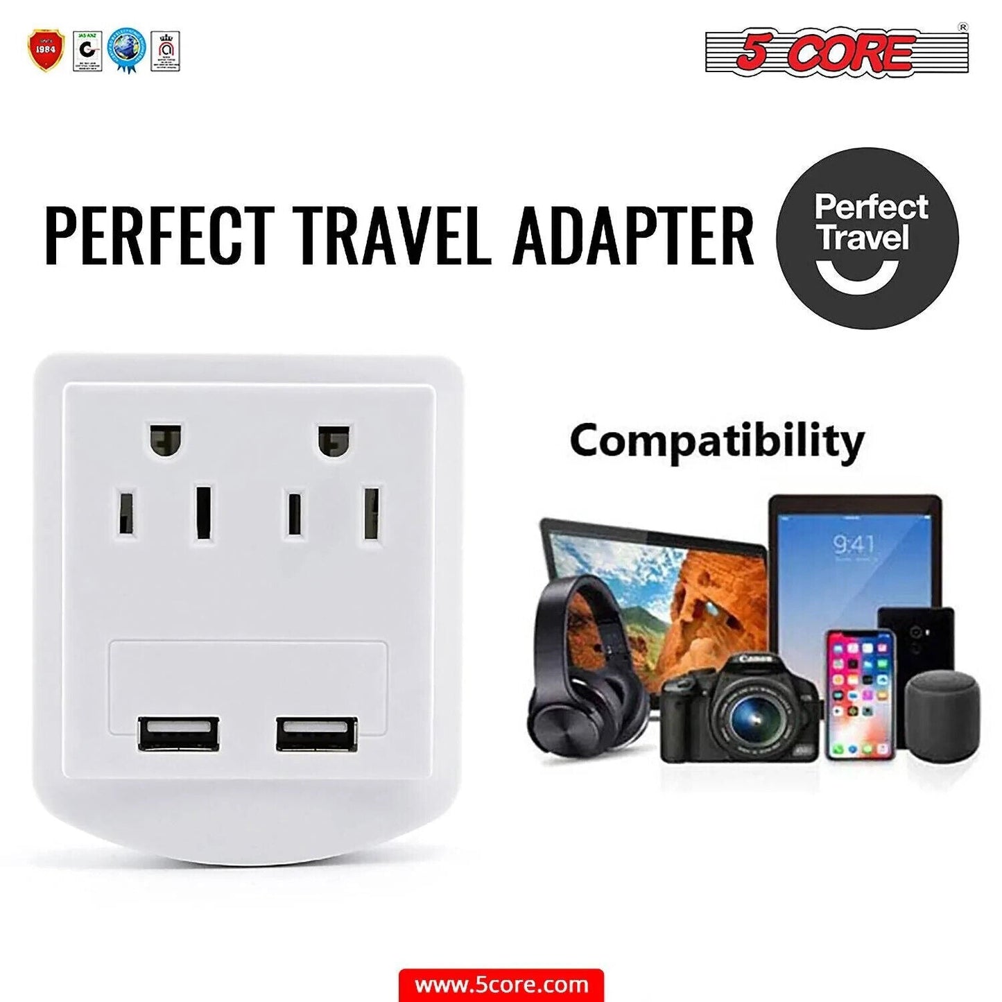 5 Core USB Wall Charger • Charging Power Outlet w 2 USB Port & 2 AC