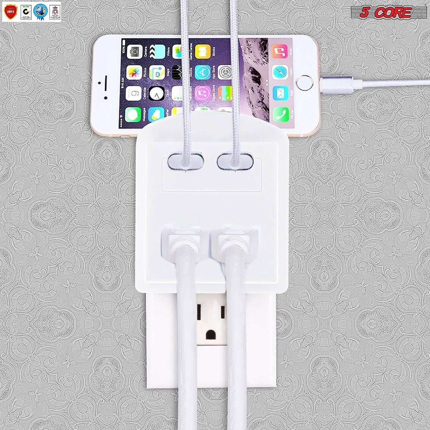 5 Core USB Wall Charger • Charging Power Outlet w 2 USB Port & 2 AC