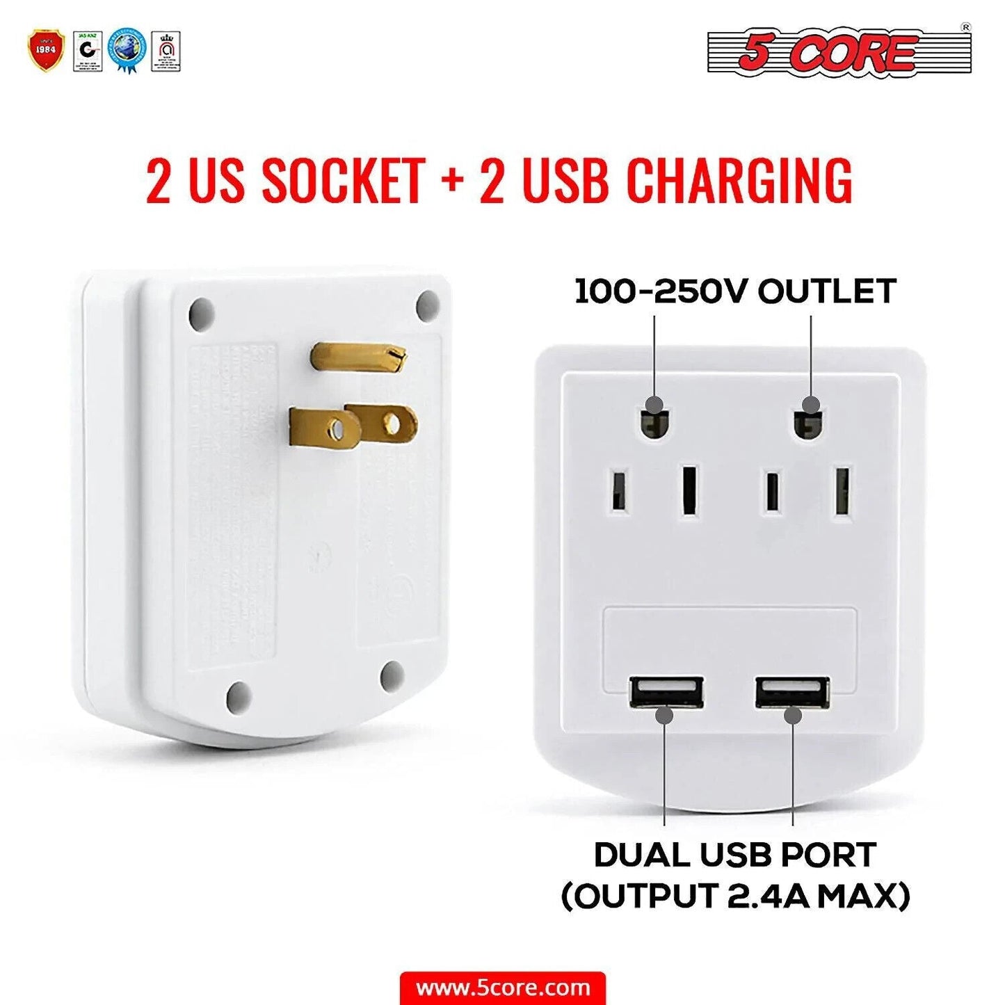 5 Core USB Wall Charger • Charging Power Outlet w 2 USB Port & 2 AC