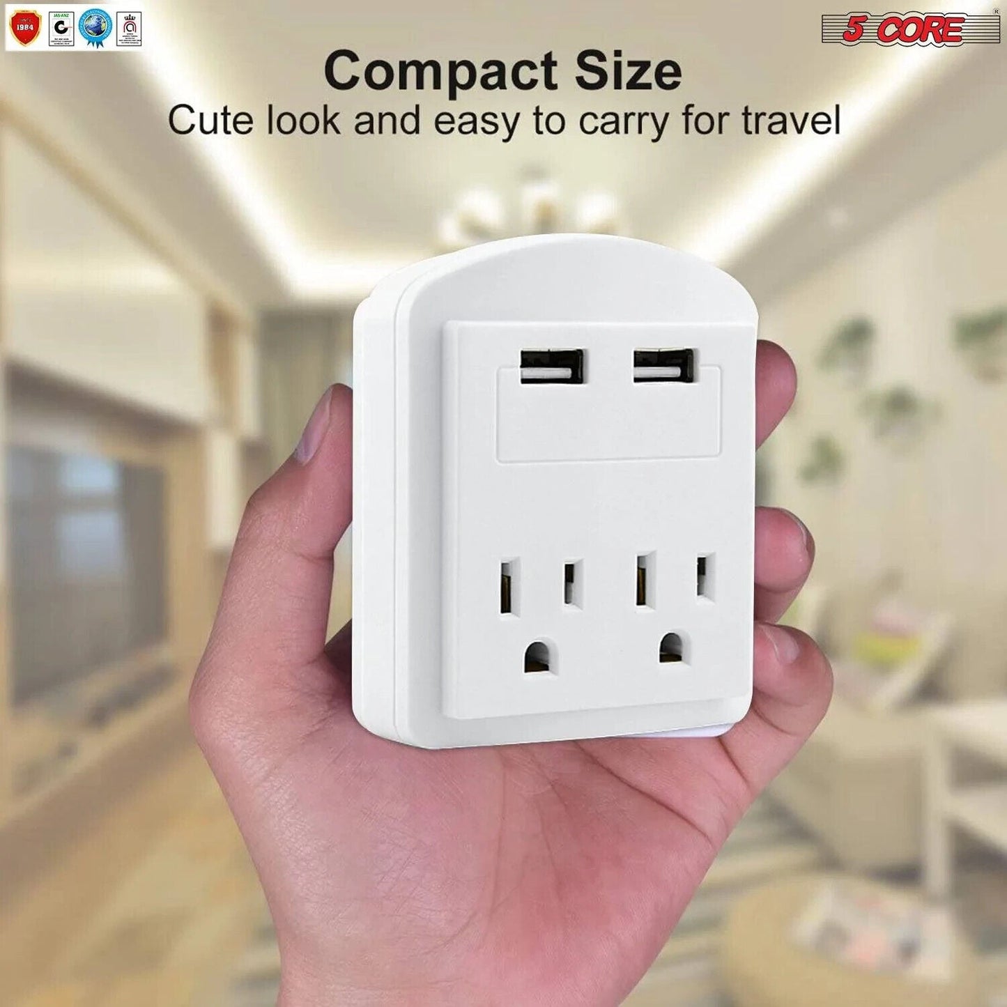 5 Core USB Wall Charger • Charging Power Outlet w 2 USB Port & 2 AC