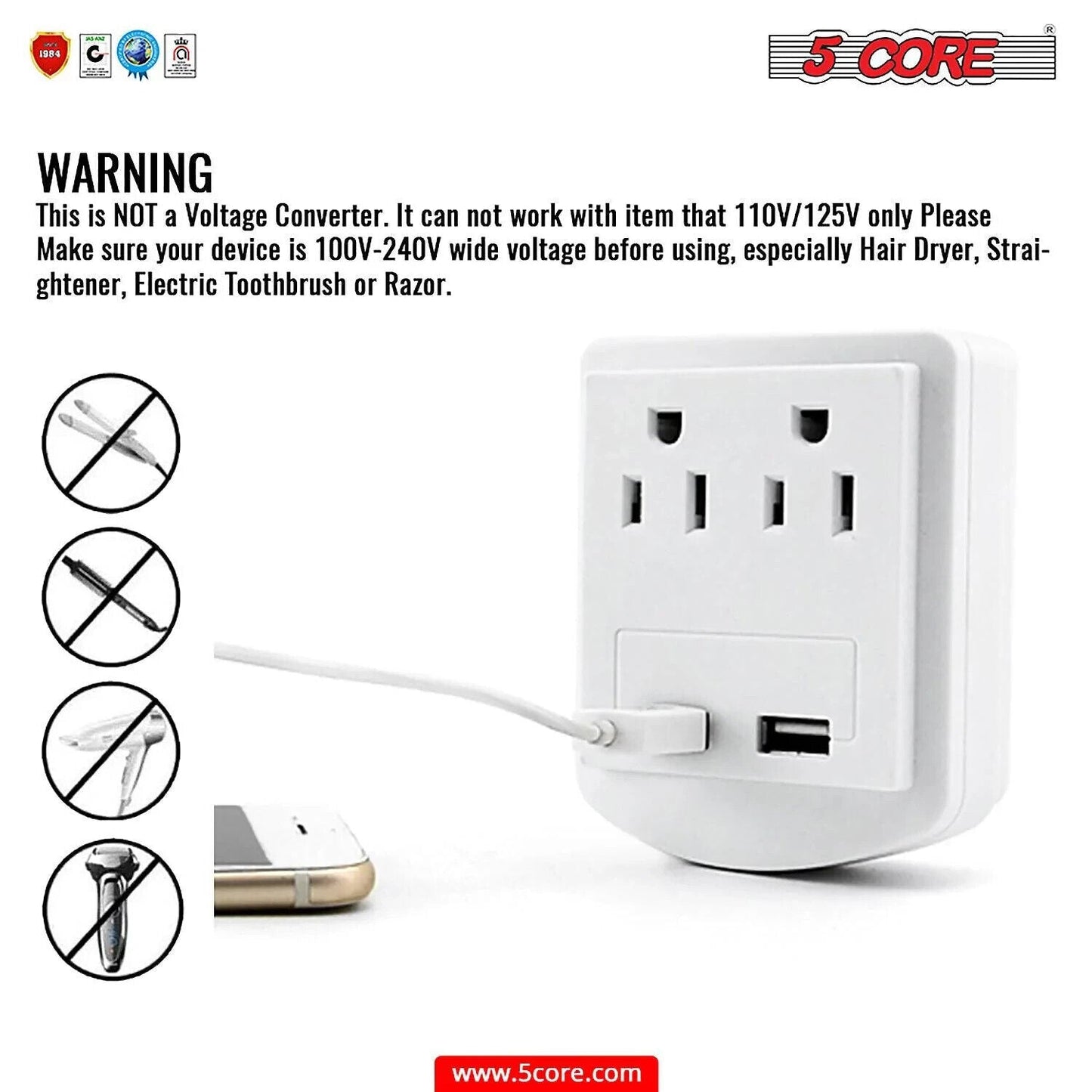 5 Core USB Wall Charger • Charging Power Outlet w 2 USB Port & 2 AC