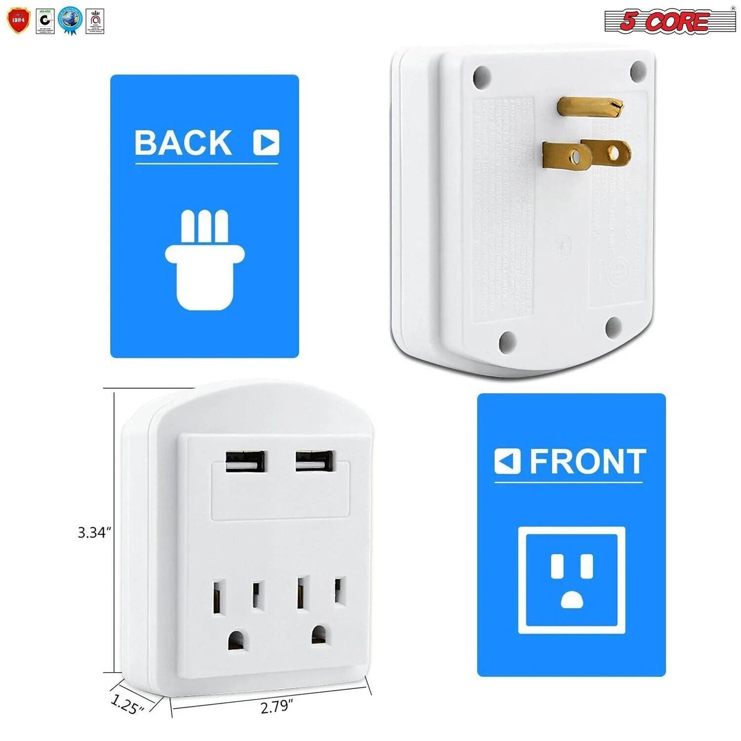 5 Core USB Wall Charger • Charging Power Outlet w 2 USB Port & 2 AC