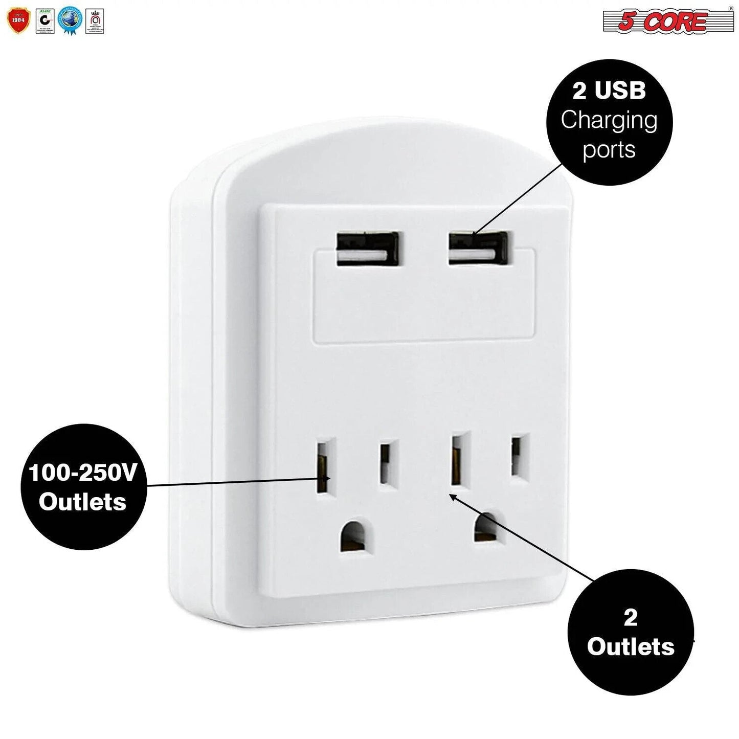 5 Core USB Wall Charger • Charging Power Outlet w 2 USB Port & 2 AC