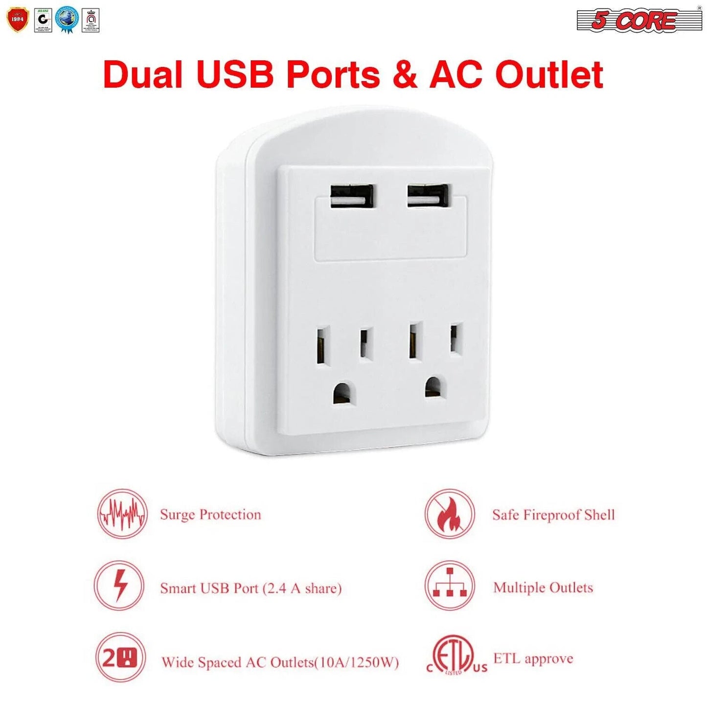 5 Core USB Wall Charger • Charging Power Outlet w 2 USB Port & 2 AC